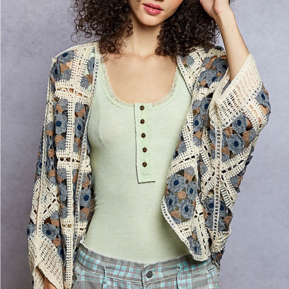 POL Crochet Open Cardigan in Charcoal Multi